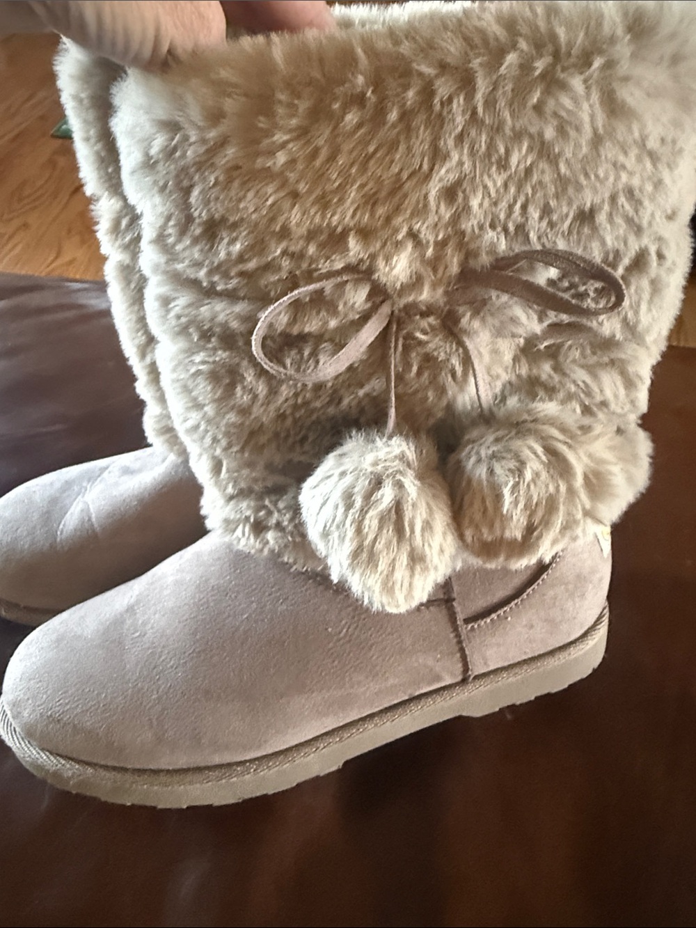Kids Faux Fur Pom-Trim Winter Boots - Taupe